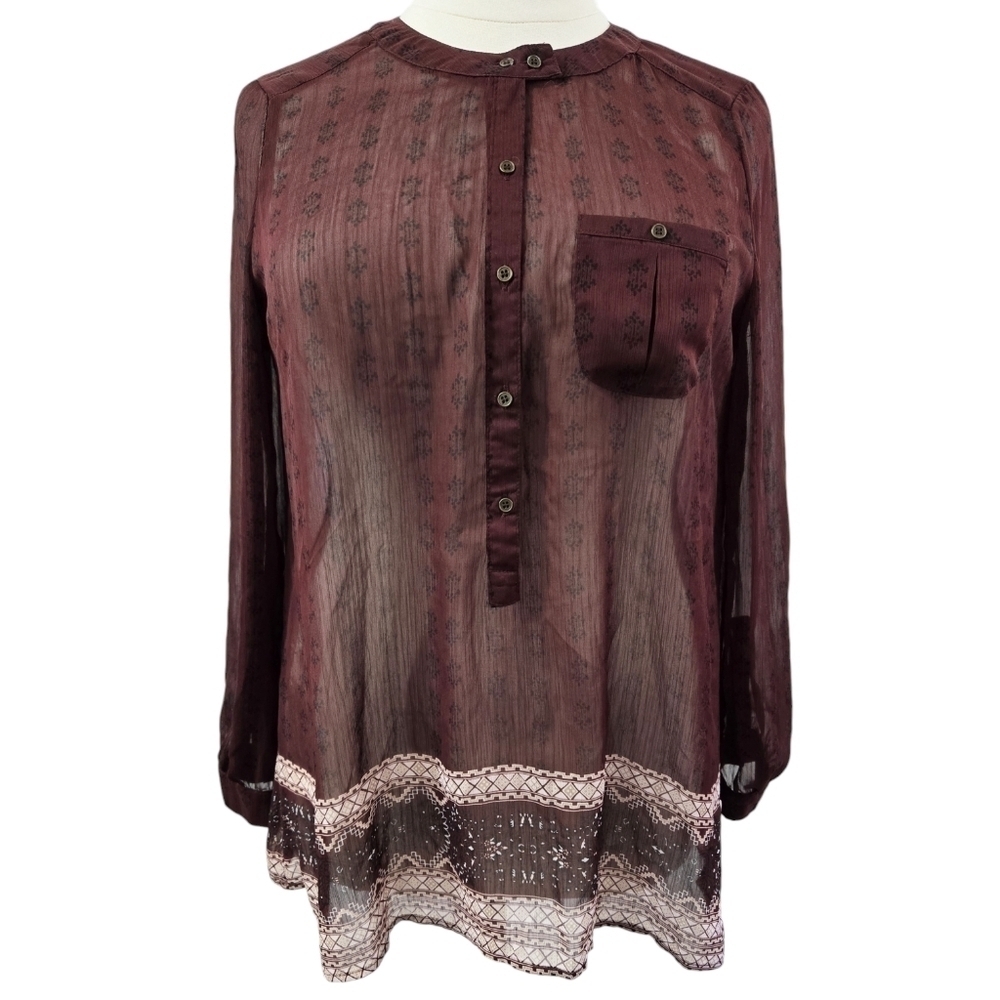 Knox Rose Maroon Sheer Collarless Long Sleeve Henley Tunic Boho
